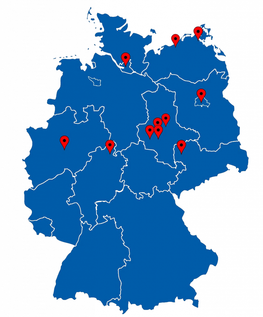 Auf der Karte sind 11 Filialen des Blechdachhandels in Deutschland verzeichnet. Jeder Standort ist mit einem roten Marker gekennzeichnet und verdeutlicht die weitreichende Präsenz des Unternehmens in verschiedenen Regionen Deutschlands.