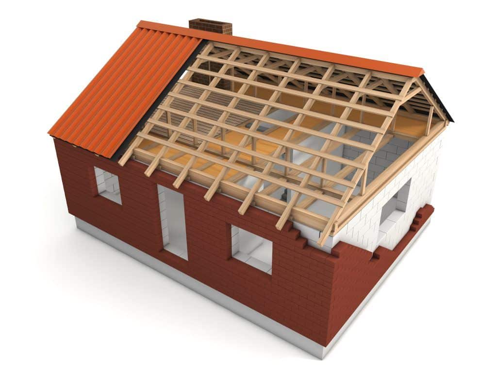 Aufbau eines Trapezblech Dachs mit Dachsparren und Pfetten als Grundlage für das Blechdach.